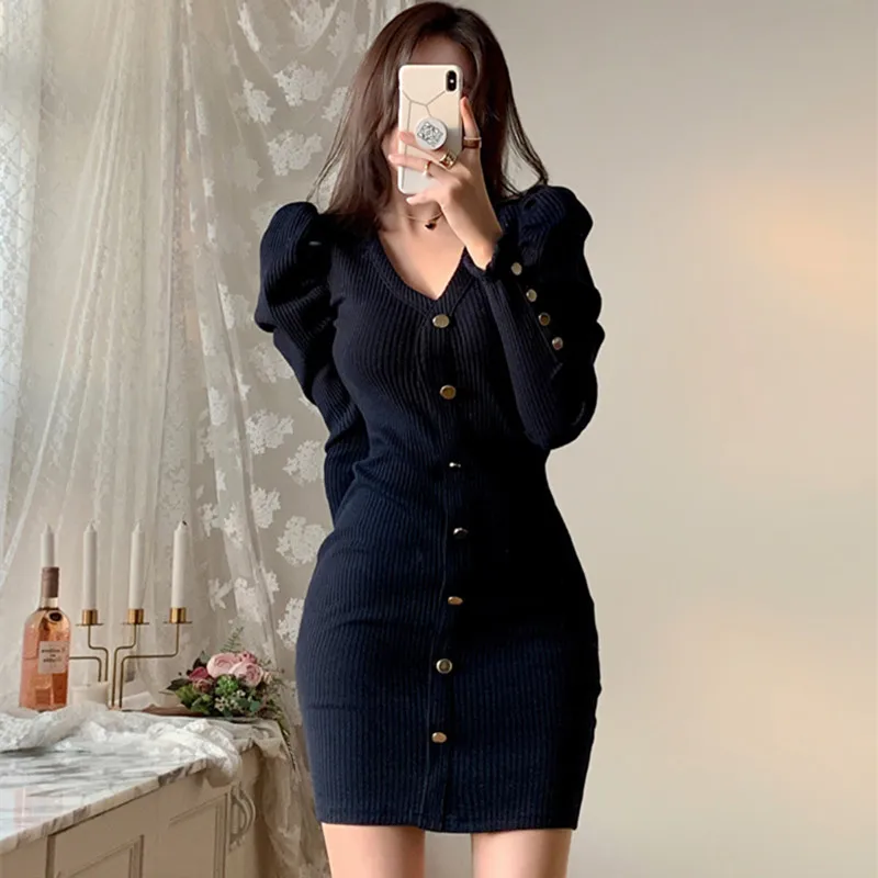 

HziriP OL Autumn Winter Sexy V-Neck Bandage Women Knitted Sweater Dress Vestidos Single-breast Long Sleeve Mini Bodycon Dress