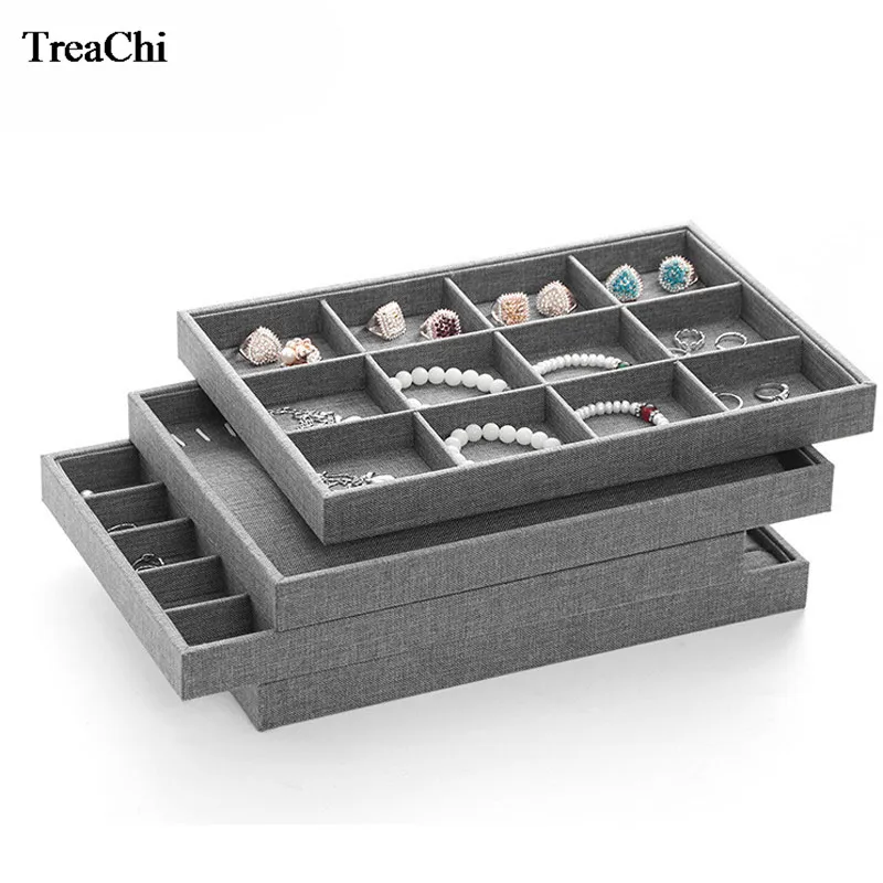 Fashion Gray Linen Jewelry Tray Organizer Ring Earring Case Bracelet Holder Necklace Pendant Display Tray Jewelry Showcase