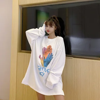 

No Hooded Loose Women Sweatshirt Palm Print Lady Full Sleeve O Neck Korean Long Sweatshirts Autumn Female Casual Streetwear