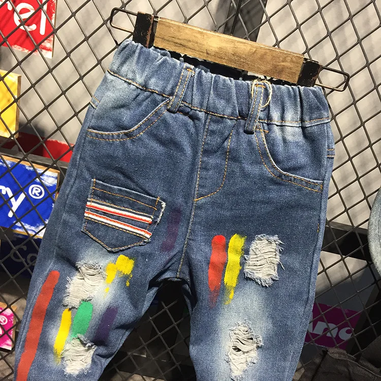 

Wenzhou Childrenswear BOY'S Denim Trousers 2019 Spring New Style Children Korean-style Versatile Color Stripes Paint Spraying Pa