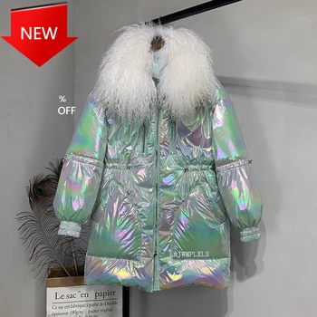 

Jacket glossy Warm Female White Duck Down Jacket Medium Long Parkas Loose Women Coat Large Real wool Fur 2020 New Women Winter