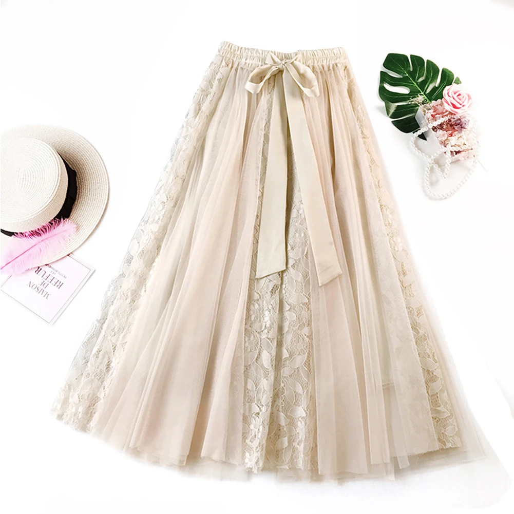 Длинные брюки для девочек эластичный пояс Размеры Повседневное однотонные с юбкой-пачкой из сетки Для женщин юбка Элегантное летнее кружевное платье с бантом и развевающейся юбкой
