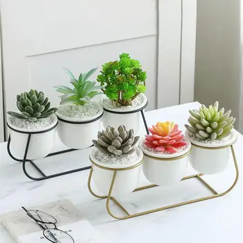 

3PCS/Set Trapezoidal Iron Ceramic Succulent Flower Pot Set Flower Pot Iron Frame Set