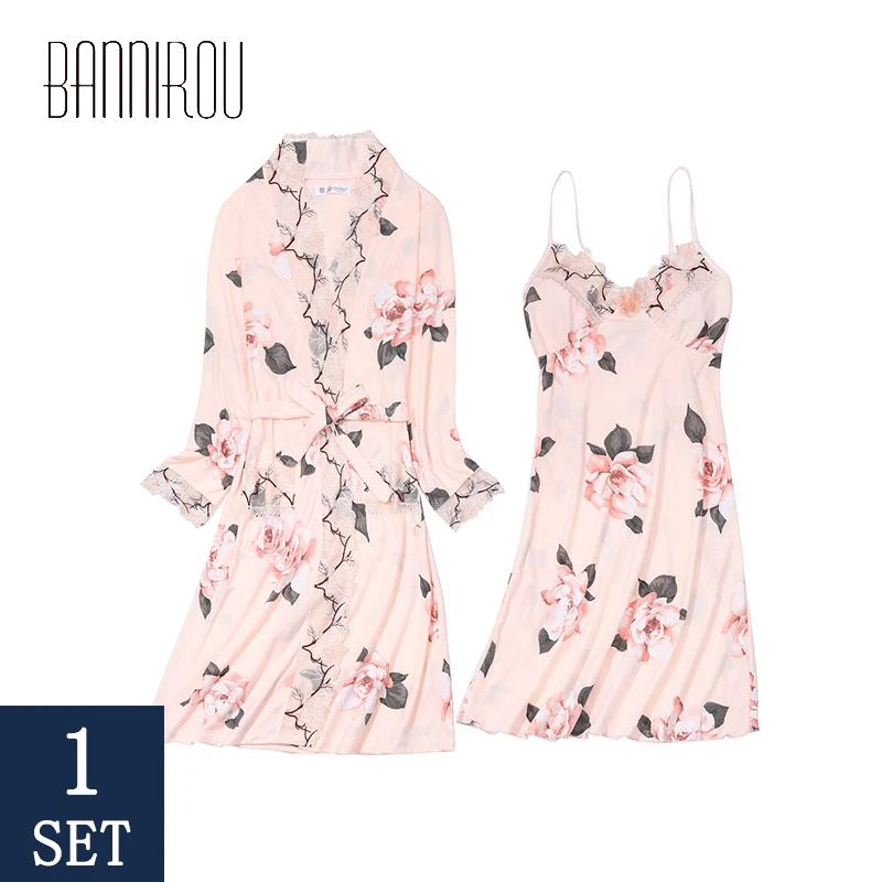 

2 Pcs Woman Robes Sets Cotton Embroidered Floral Sexy Female Bathrobes Gowns Nightgowns Home Suit Sleep Wear For Woman 2020 New