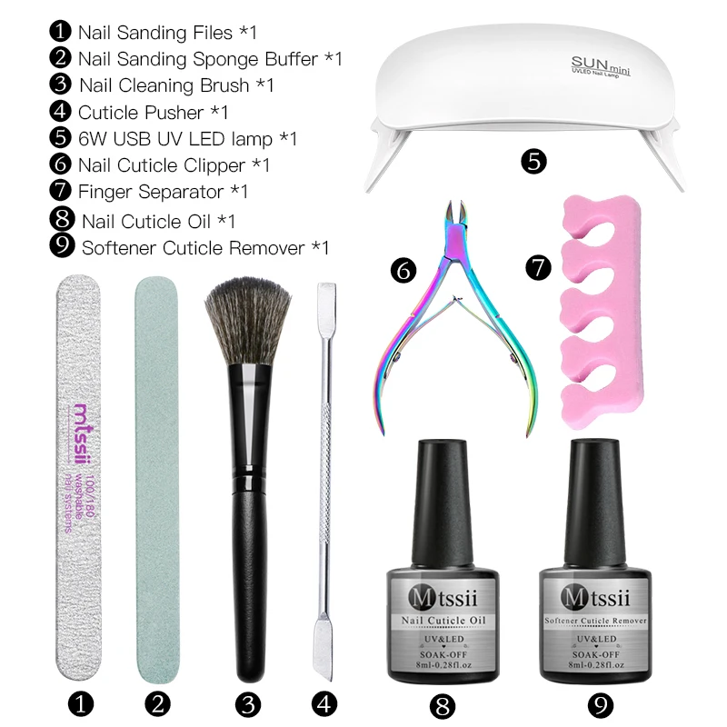 9 шт. маникюрный набор с УФ светодиодный лампой 6 Вт набор гель-лаков для ногтей инструменты с кутикулой для ногтей масло смягчитель для удаления кутикулы все для маникюра