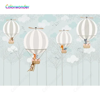 

Newborn Baby Shower Backdrops Grey Sky with White Clouds Jungle Animals Sitting on the Hot Air Balloons Cartoon Forest Photo