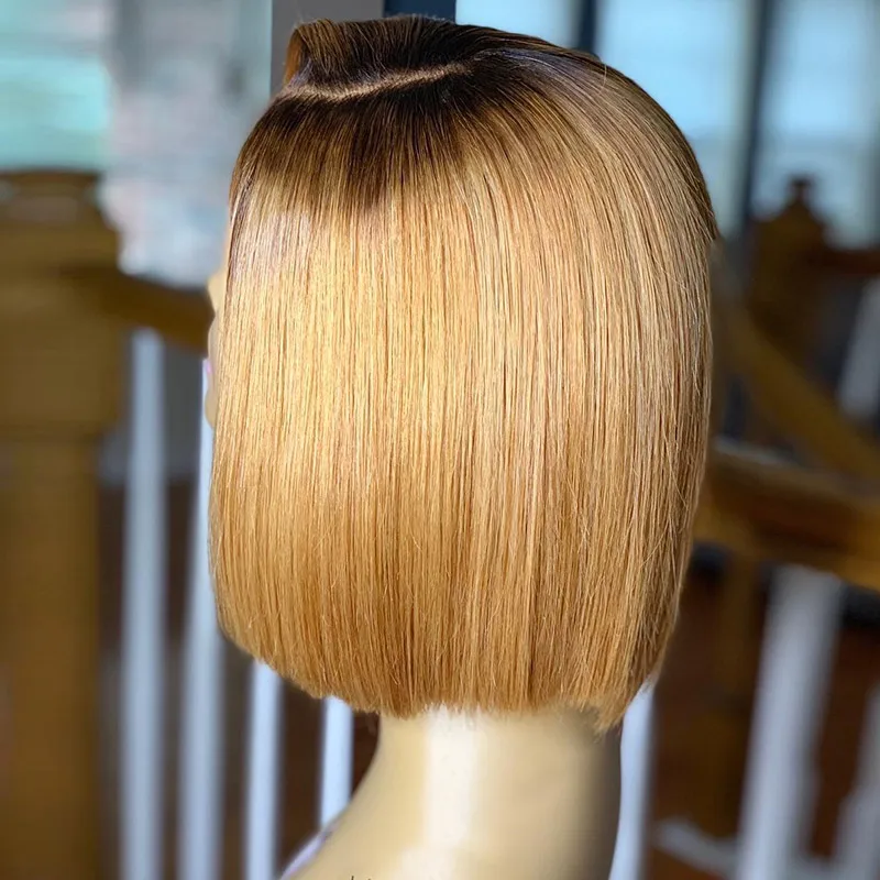 Sassoon Боб 13x4 1B/27 Омбре 130% человеческие волосы на кружеве парики для женщин предварительно сорванный бразильский короткий Боб низкое соотношение отбеленные узлы
