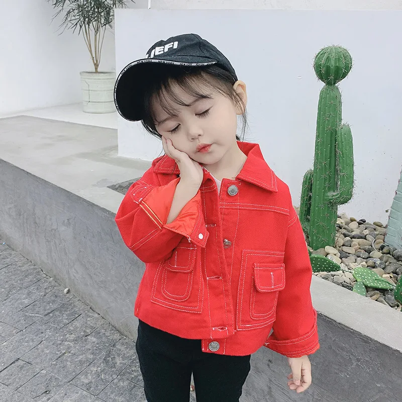

2019 Autumn New Style 1-6-Year-Old Girls Fashion Cute Trend Western Style Versatile Bright Red Solid Color Coat