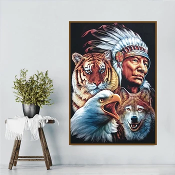 

5D Diamond Painting Full Square Drill Indian Wolf Eagle Tiger 3D Daimond Rhinestone Embroidery Pictures Crystal Cross Stitch Set