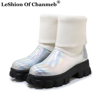 

Popular Women Autumn Winter Knitted Sock Boots Ladies Platforms Chunky Heels Mid-calf Boots Female Size 46 Motorcycle Boots Shoe