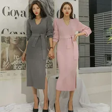 Корейское модное платье-свитер, женские вязаные свитера, платья, элегантное женское платье-свитер с v-образным вырезом, Vestidos De Fiesta