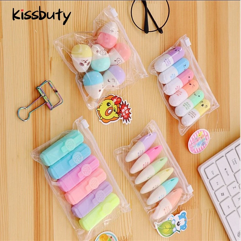 

KssButy 6PCS/Set Leaves Mushroom Cute Mini Fluorescent Highlighter Pen Kawaii Chalk Marker Pens Stationery School Supplie