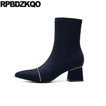 

rhinestone women ankle boots medium heel shoes black chunky high diamond slip on crystal 2019 ladies pointed toe autumn blue