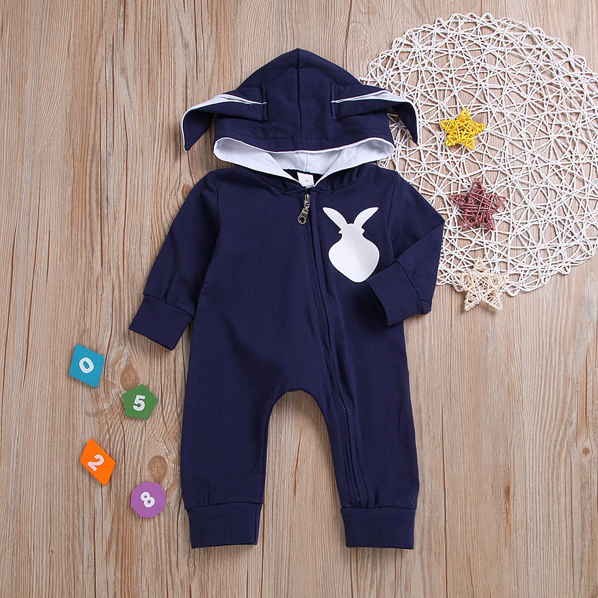 

Dark Blue Onesie Spring And Autumn Bionic Rabbit Ear yin hua kuan Zipper Romper Crawling Clothes