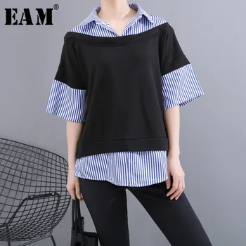 

[EAM] Women Blue Striped Split Big Size Blouse New Lapel Half Sleeve Loose Fit Shirt Fashion Tide Spring Summer 2020 1T340