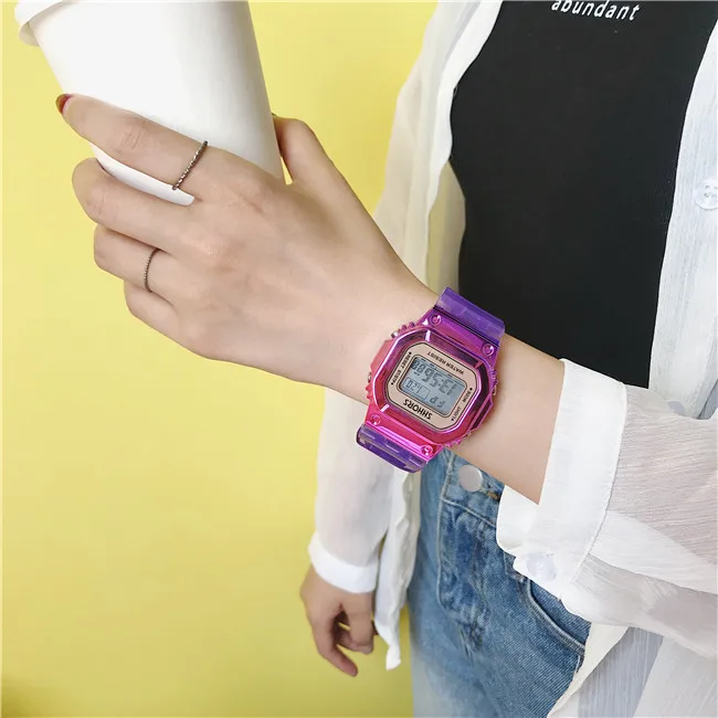 Розовое золото женские цифровые часы многофункциональные водонепроницаемые женские часы градиентные унисекс Мужские часы Прямоугольные детские спортивные часы - Цвет: Фиолетовый