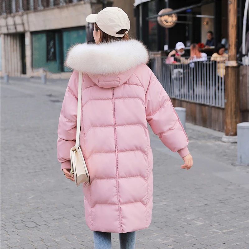 

New Winter Large Natural Fur Collar Jacket Women White Duck Down Long Parkas Warm Hooded Loose Thick Snow Outwear