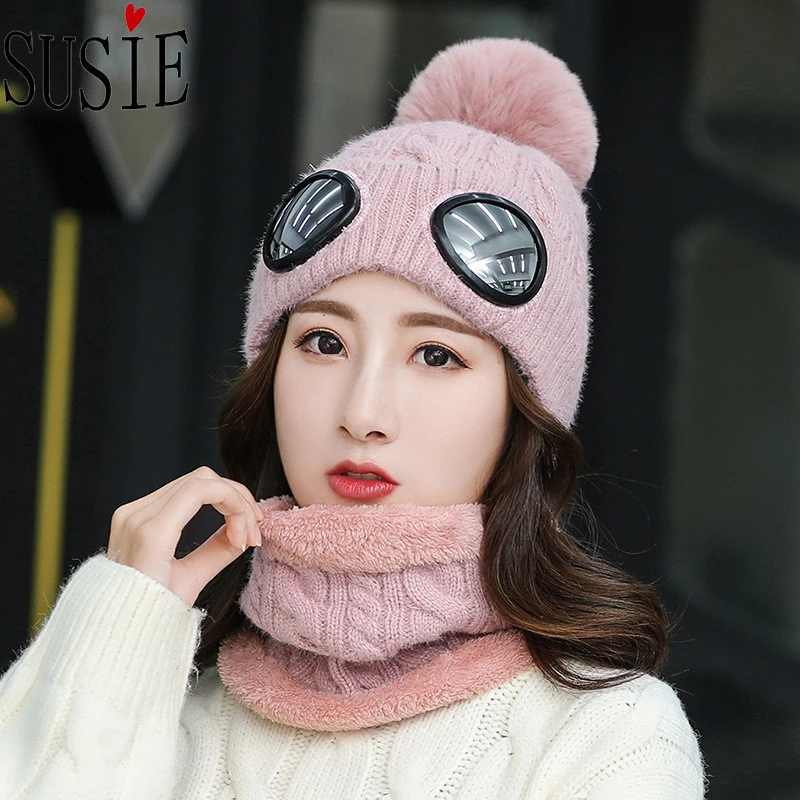 Ceny 2019 nowa dzianinowa czapka narciarska z okulary wiatroszczelne maska czapka wełniana Outdoor czapki z pomponem polar smycz na szyje ciepłe kobiety czapka zimowa