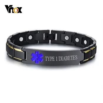 

Vnox TYPE 1 DIABETES Medical Alert Mens ID Bracelets Free Engraving Black Stainless Steel Magnetic Therapy Healing Jewelry
