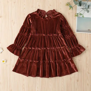 

Autumn Winter 2020 Girls Dress Girls Cute Dresses Long Sleeve Velvet Turtleneck Brown Pleated Solid Sweet Baby Vestidos 2-6T