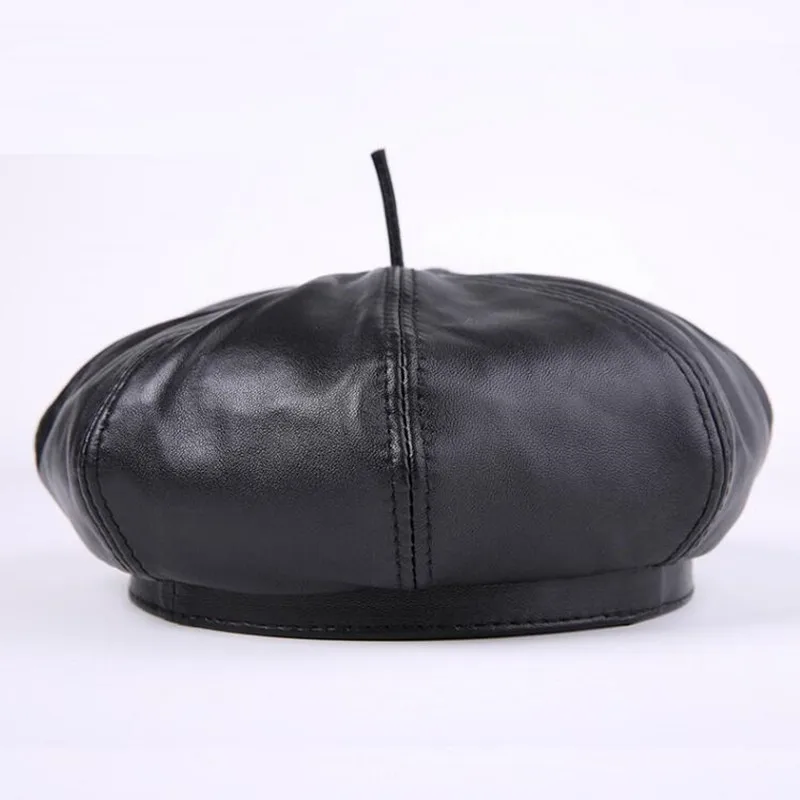 

H7637 Fashion Genuine Leather Beret Hat Men Women Autumn Winter Sheepskin Berets Cap Outdoor Painter Comfortable Warm Black Hats