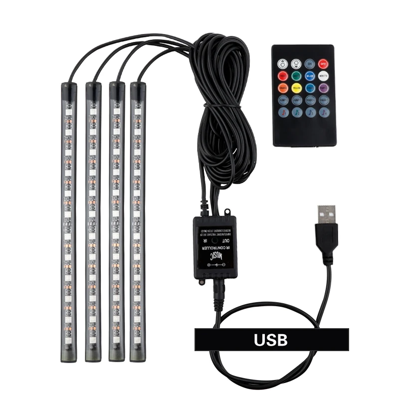 Auto LED RGB Interior Atmosphere Strip Light Decorative Foot Lamp With USB Wireless Remote Music Control Multiple Modes For Car led strip lights led car lights led lights led atmosphere lamp led light strip led car decorative lights led car decoration lamp car ambient lights led atmosphere lighting led interior lights