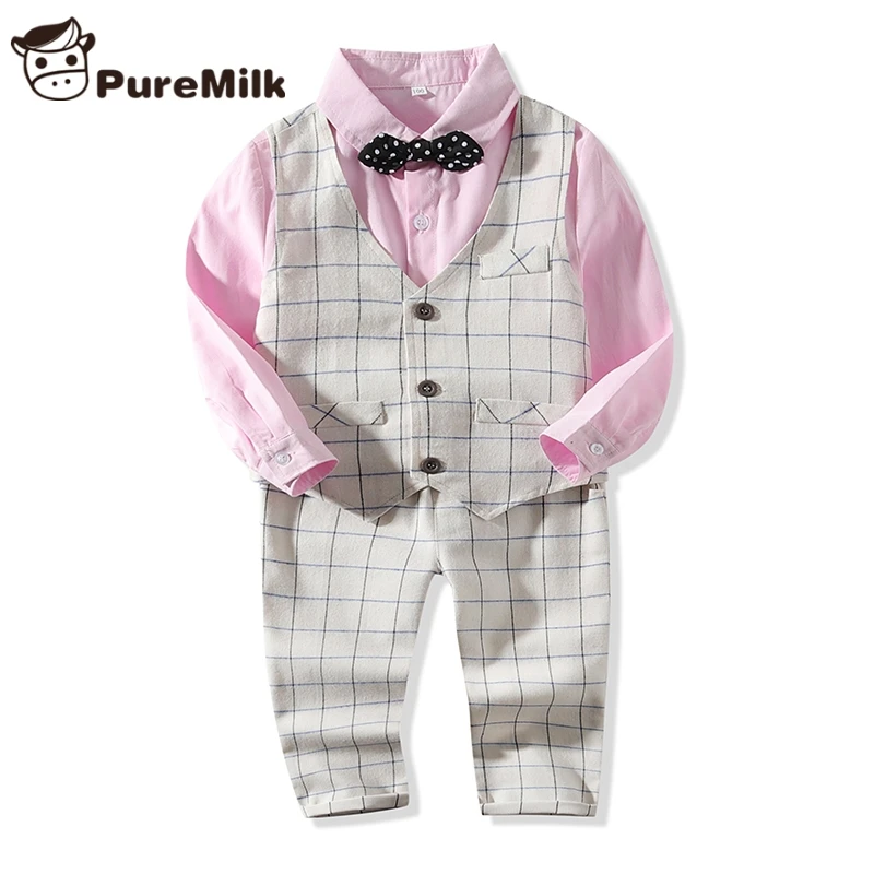 

PureMilk Kids Clothes Pink Shirts With Vest And Bow Boys Clothes Casual Clothing set 4PCS SET
