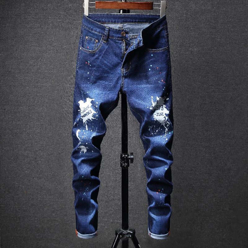 Pantalones vaqueros azul oscuro para hombre, Jeans ajustados de con pintura Artificial, elásticos, la moda, novedad|Pantalones vaqueros| AliExpress