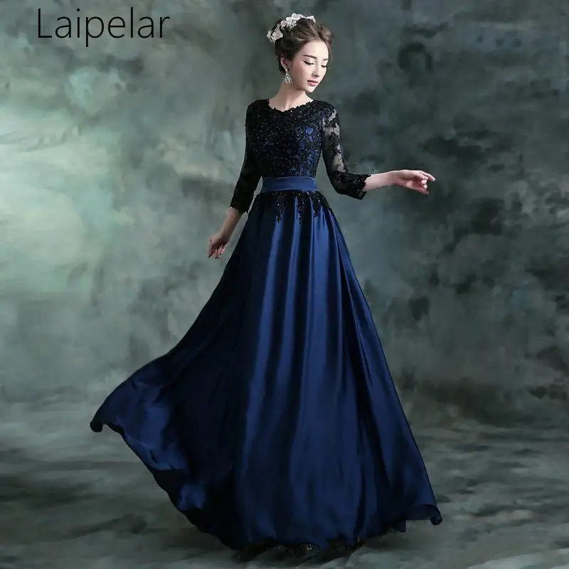 Элегантное платье для девочек, Vestidos De Fiesta, De Noche Королевский синий даже-лепно Платье длинное с кружевными рукавами Robe De Soiree даже-лепно платья даже-лепно платье