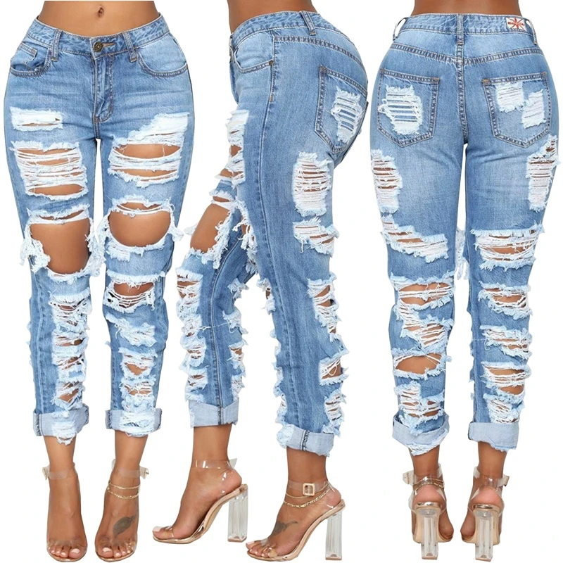 Madam Лето длинные джинсы с дырками для женщин рваные джинсы потертые на молнии с карманами повседневные женские модные джинсы