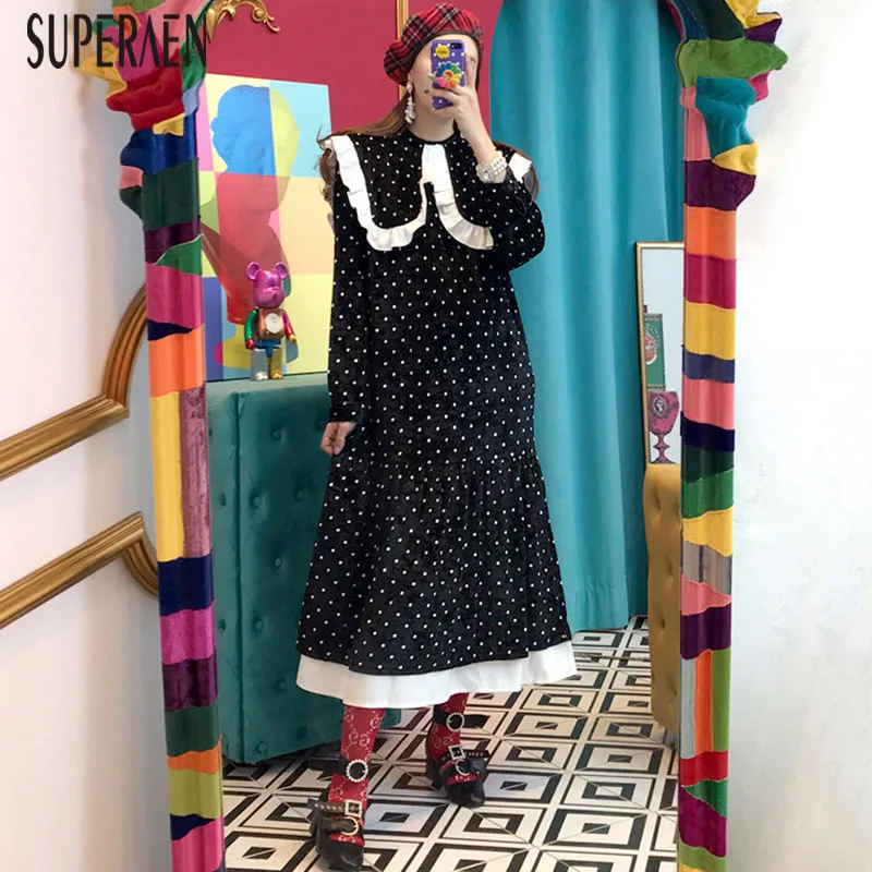 SuperAen, корейский стиль, женское платье с круглым вырезом, кружевное, в горошек, повседневное, женское платье, осень и зима, новинка, бархатные платья