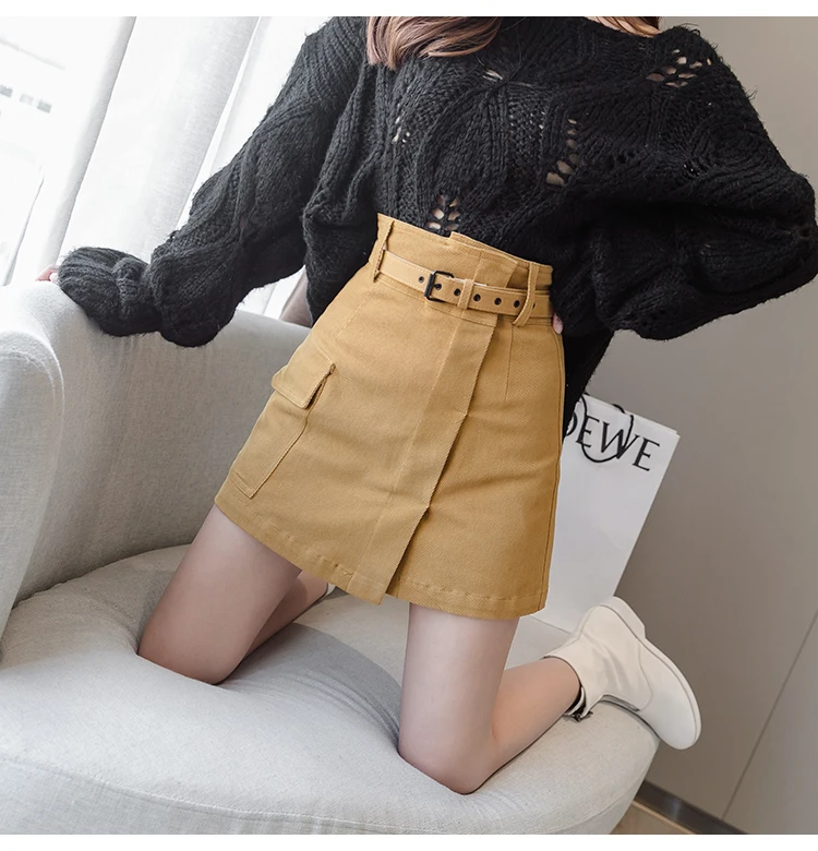 Trytree Autumn Women Casual Empire Short Skirt 5 Colour A-line Fashion Elegant Pockets Button Belt Mini Office Lady Short Skirt