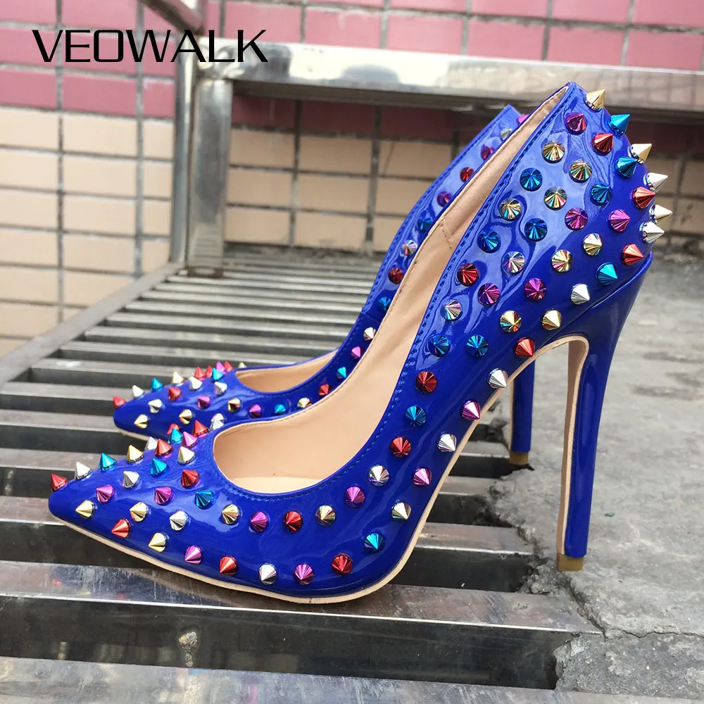 

Veowalk, лакированные кожаные туфли на высоком каблуке, женские туфли-лодочки с острым носком и заклепками для вечевечерние НКИ, женские туфли-лодочки на шпильке