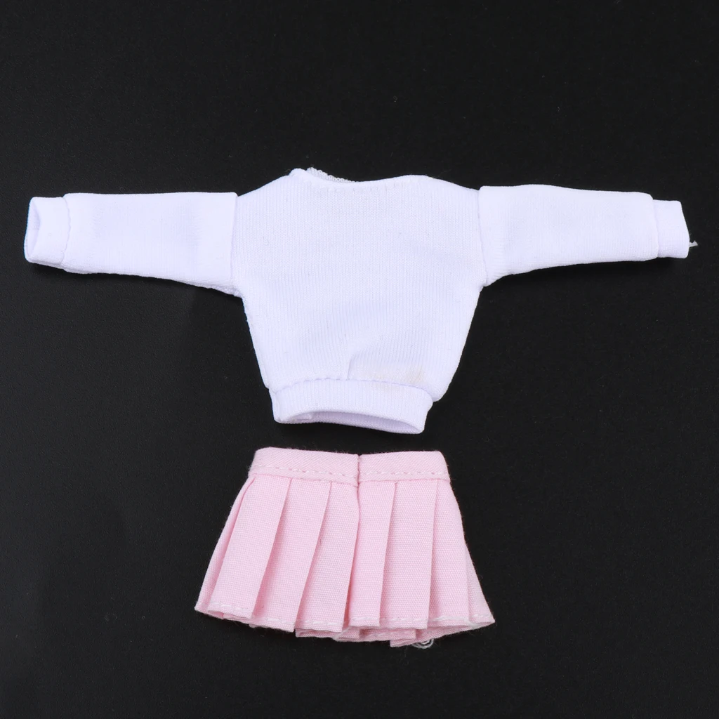 1/12 Scale Women T-shirt & Pink Pleated Skirt Long Sleeve Mini Skirt for BJD Action Figure Clothing Body Outfit Toy Accessory