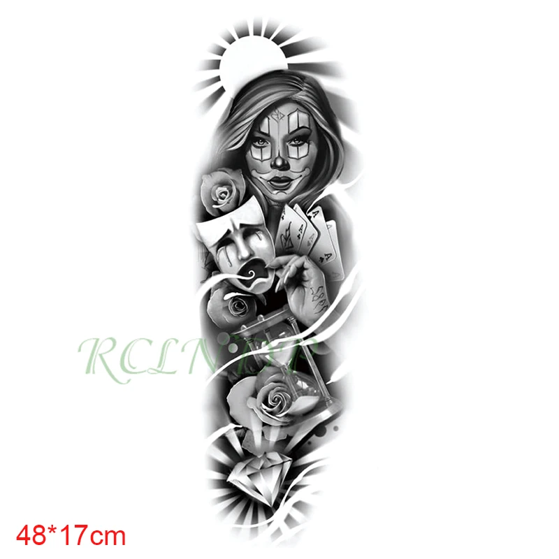 Waterproof Temporary Tattoo Sticker flower mask girl playing cards sun diamond full arm fake tattoo flash tattoo for men women