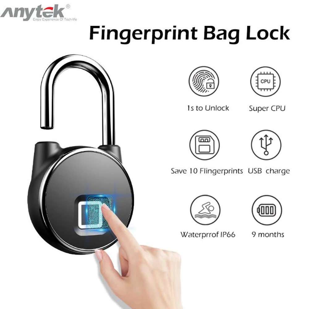 

Anytek P22 Long time Standby Smart Keyless Fingerprint Lock Waterproof IP66 Anti-Theft Security Padlock Door Luggage Padlock