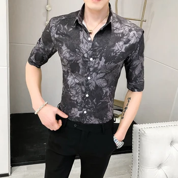 

Summer Middle Sleeve Shirt Leaf Print Trendy Men Short Sleeve Blouse British Slim Shirts Male Summer New Grey Black