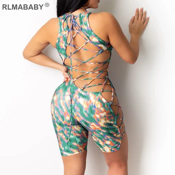 

RLMABABY Summer Boho Print Sexy Women Playsuit Skinny O Neck Sleeveless Backless Rompers Jumpsuit Casual Hollow Bandage Playsuit