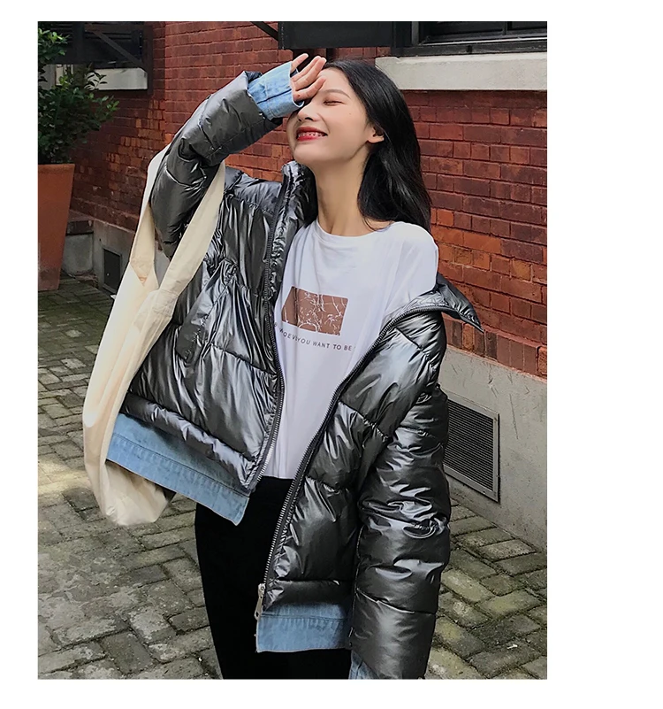 Металлические черные, бежевые, серебряные толстые женские сплайсированные пуховики Тонкая зимняя куртка для женщин пальто с капюшоном Новые куртки с хлопковой подкладкой женские