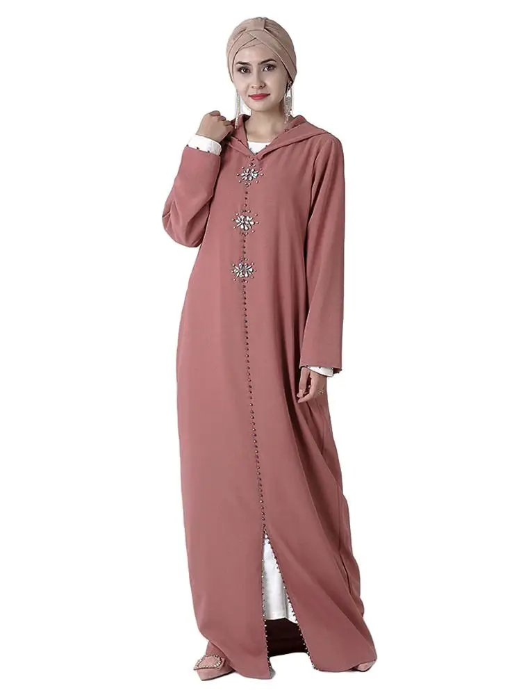 Марокканский Абаи Для женщин с капюшоном Макси-Платье рубашка мусульманские кафтан горный хрусталь Мексика арабское платье Исламская Костюмы с длинным рукавом вечернее платье Модная одежда - Цвет: Розовый