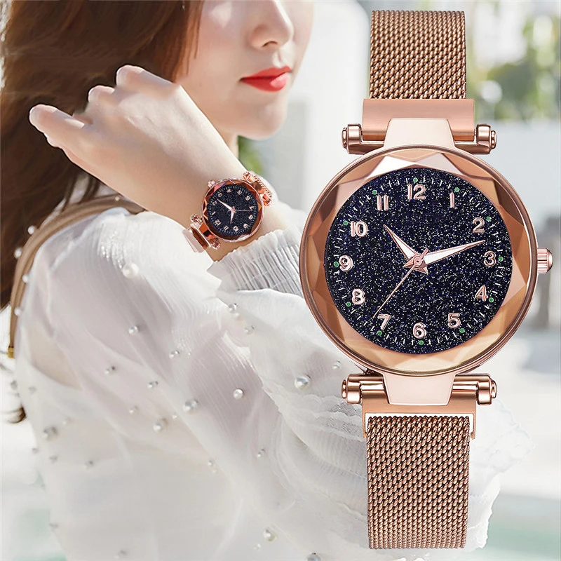 

Luxury Women Watches Fashion Ladies Starry Sky Quartz Clock New Popular Magnetic Mesh Female Wristwatch 2019 Best Watch for Gift