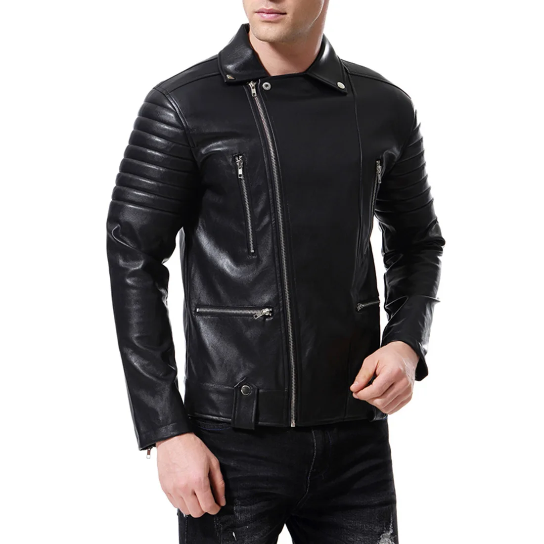 

2018 Autumn New Style Men'S Wear Locomotive Multi-Zipper Leather Coat Motorcycle Sportsman Leather Coat Jacket B013