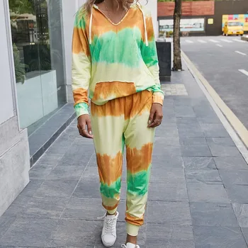 

SFIT Tracksuit 2pcs Women Set Tie-Dye Hoodies Sweatshirt+Elastic Waist Long Pants Hooded Female Casual Outfit Clothing Suit