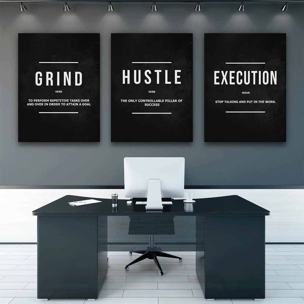 3 Pieces Grind Hustle  Execution Wall Art Canvas Prints Office Decor Motivational Modern Art Entrepreneur Motivation Noun Verb