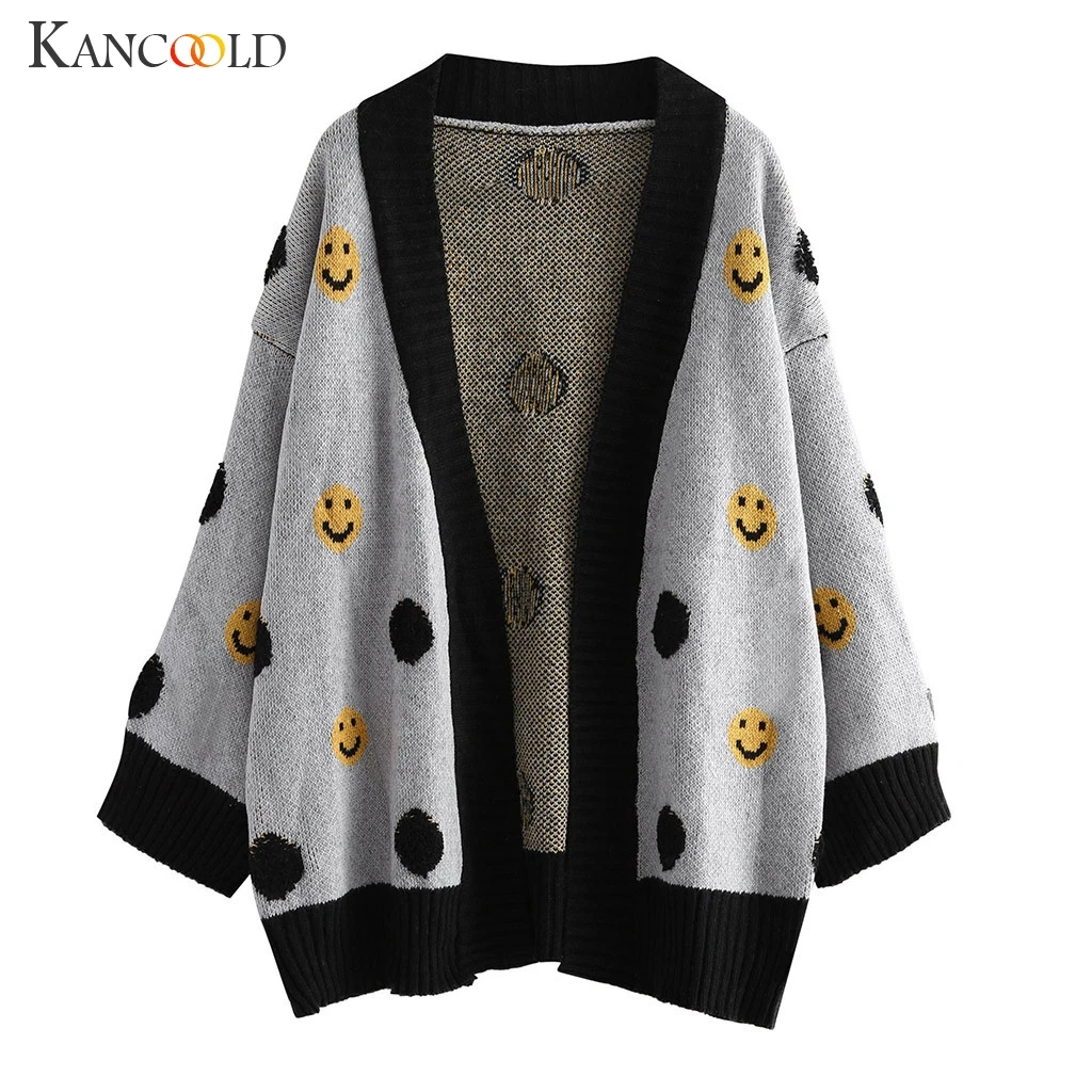 KANCOOLD/осенний Женский вязаный кардиган с длинными рукавами, топ, женский кардиган с принтом смайлика, свитер с улыбкой, куртка, новинка