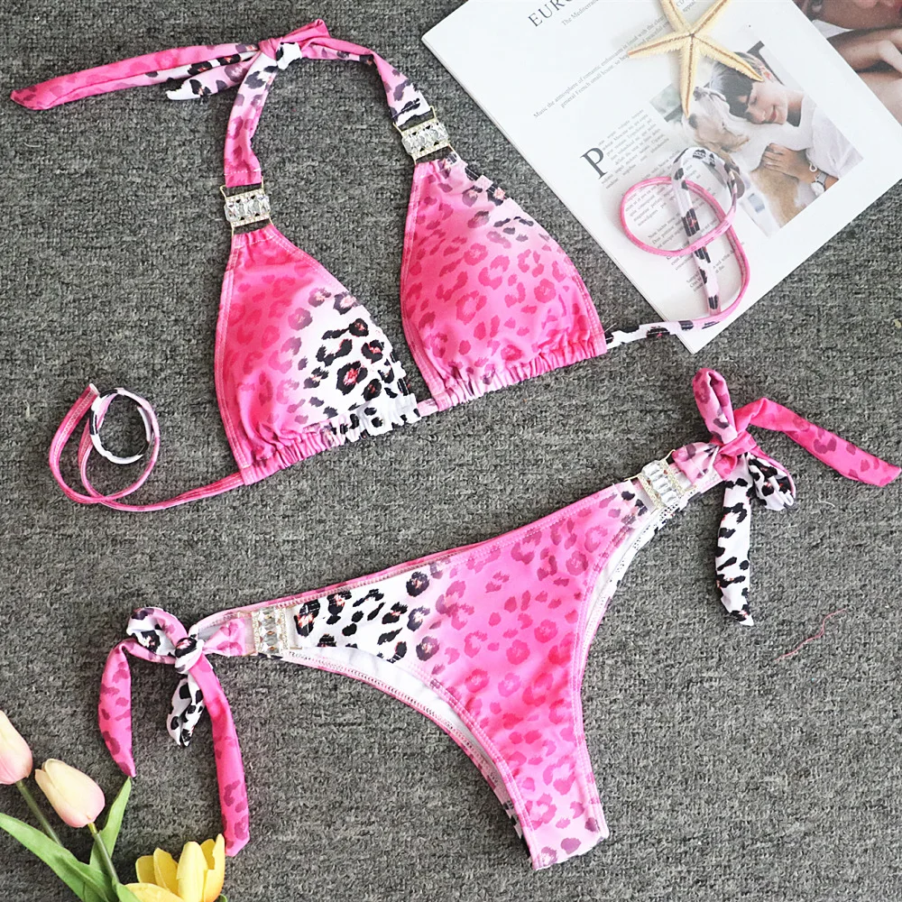 Женский купальник, новинка, розовый Леопардовый раздельный купальник, сексуальный бикини со стразами - Цвет: Розовый