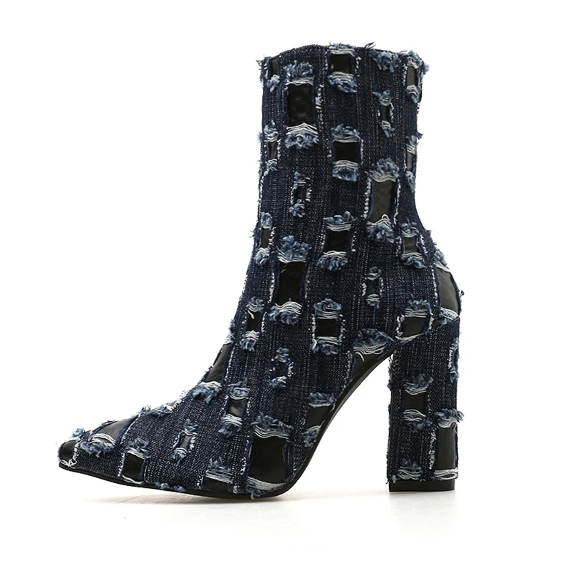 

2019 Women Blue Ankle Boots Denim Fetish Short Block Thick 10cm High Heels Boots Fetish Chunky Stripper Winter Sexy Casual Shoes