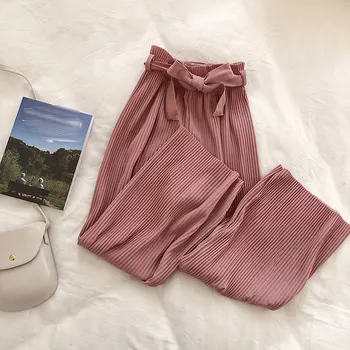 

New 2020 Korean Women Wide Leg Pants Loose High Waist Solid Pants Casual Vertical Soft Pleated Pant Trousers Femme