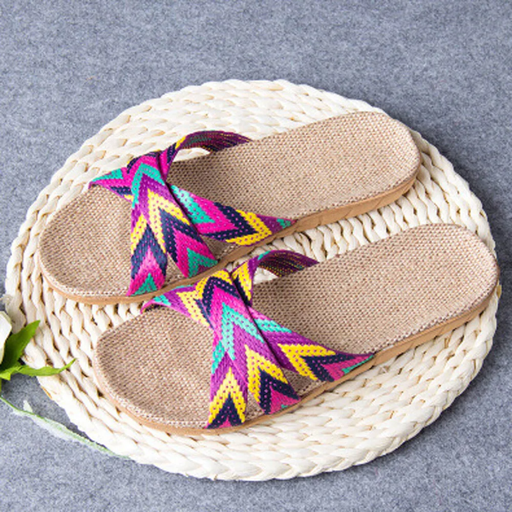 

Mnycxen Women Slippers Summer Flat Flip Flops Sandals girls Women Men Anti-slip Linen Home Shoes Open Toe Beach Shoes z70