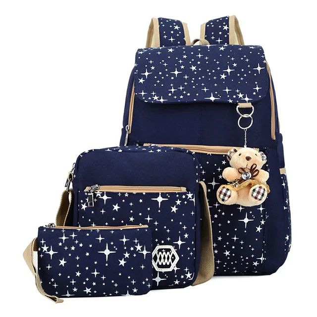 3 шт./компл. школьные сумки для девочек Для женщин рюкзак школьные ранцы; принт со звездой; обувь рюкзак школьный Для женщин путешествия рюкзаки Mochila - Цвет: sjt1-blue